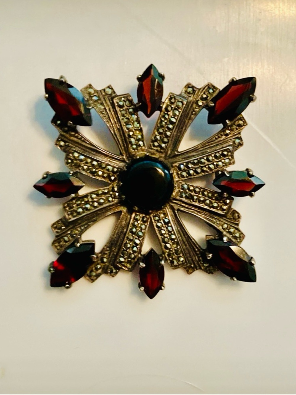 Stunning Vintage Sterling Silver Garnet Marcasite  Brooch EUC!!